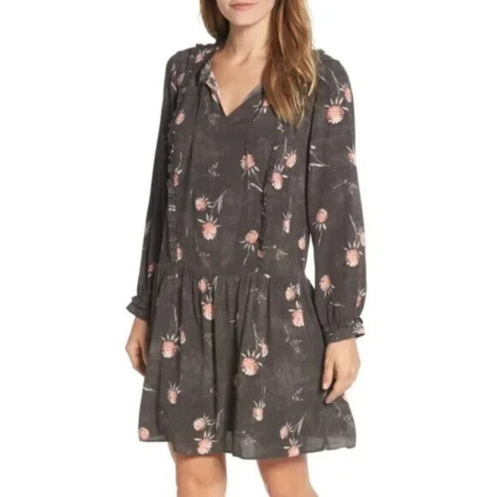 Caslon Dress Brown Pink Floral Long Sleeve Drop‎ Waist Tie Neckline Size M